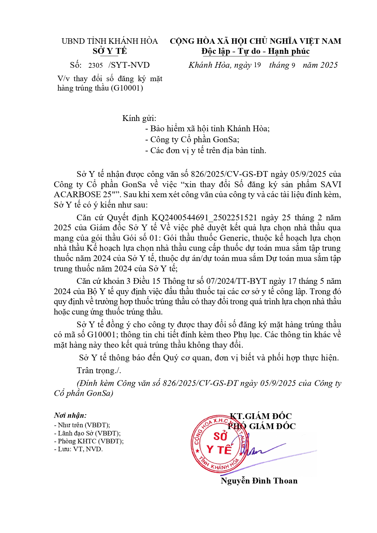 V/v thay đổi số đăng ký mặt hàng trúng thầu (G10001)